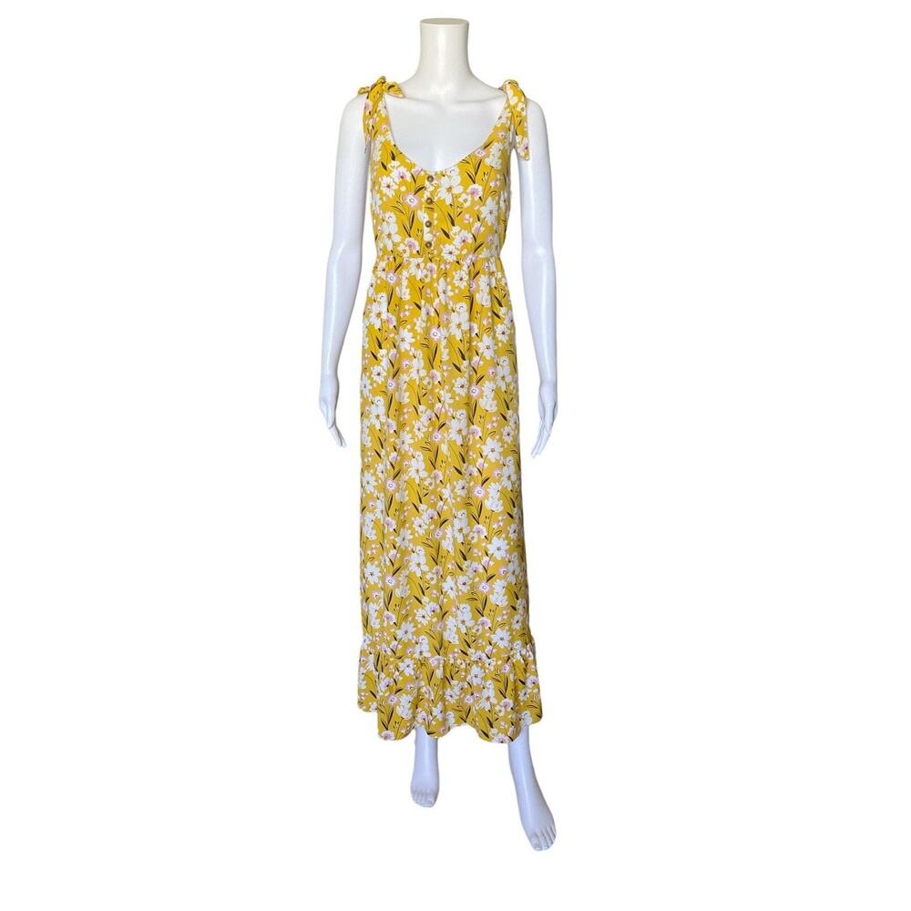 Nevena Rae Womens Large Yellow Floral Maxi Sun Dress Tie Strap Sleeveless